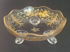 Antique Bohemian Moser Glass Gilt Tri- Footed Dish Leaf  Evergreen Sprig