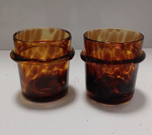Vintage Hand-Blown Candle Votive Tealight Holders (2) Tortoise Shell Amber Glass - Picture 1 of 13
