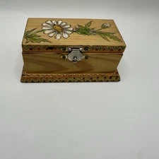 Vintage Hand Painted Trinket Box Floral  Hinged Lid 4.25" x 2" Decor Chest