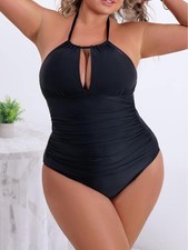 B2PRITY Swimsuit Med Tie Halter Ruched One Piece Black Tummy Control Slimming