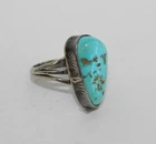 Vtg. Handmade Sterling Silver Etched Turquoise Triple Shank Ring Sz: 7.5[036WEA]