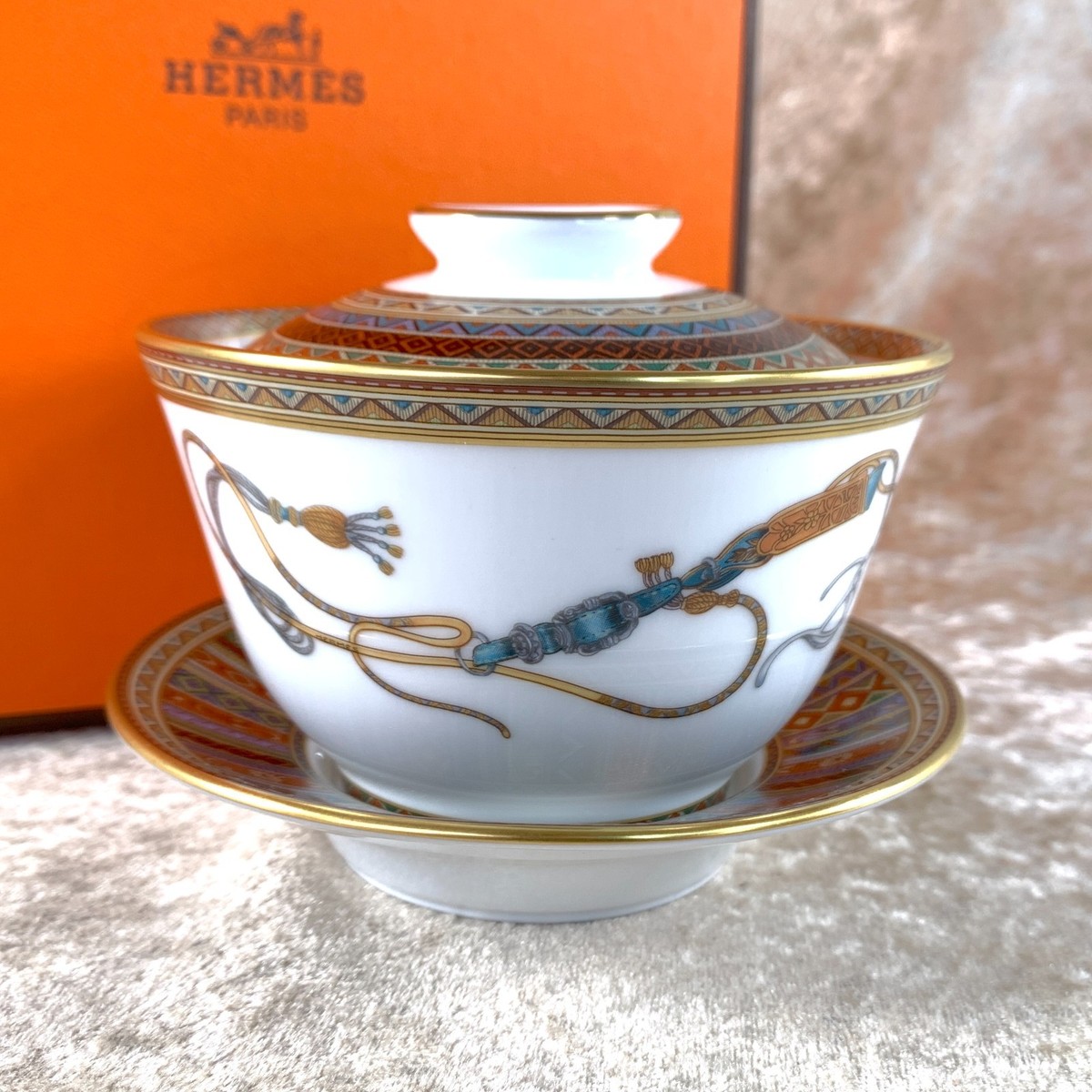 Hermes Paris Cup & Saucer with Top Lid Cover Cheval d'Orient