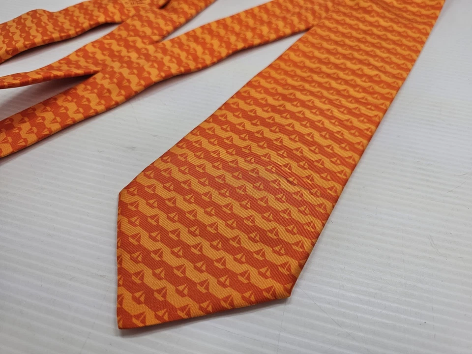 Corbata Hermes Paris 100% Seda Naranja Amarillo Patrón Velero Hecho en Francia Foto 3 de 4