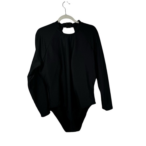 J Crew Active Ribbed Long Sleeve One Piece Rash Guard Swimsuit Black Womens 24 - Picture 2 of 9