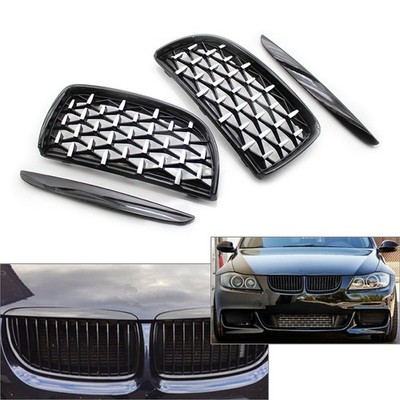 Pair of Front Black Frame & Chrome Grille  Meteor Style Fit BMW E90 05-08
