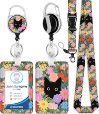 ID Badge Holder with Retractable Reel Clip, Cute Black Cat Flowers