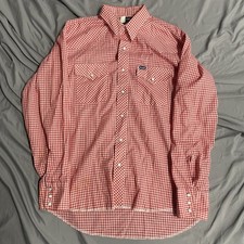Vintage Wrangler Made in USA Red White Gingham Western Pearl Snap Shirt Size L