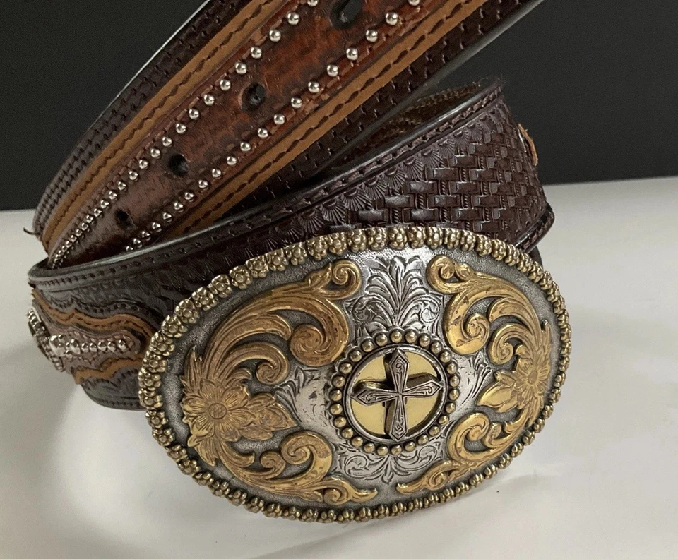 "Cinturón occidental para mujer Nocona Y hebilla cuero tostado cruz y estrella concho 36""" Foto 2 de 4