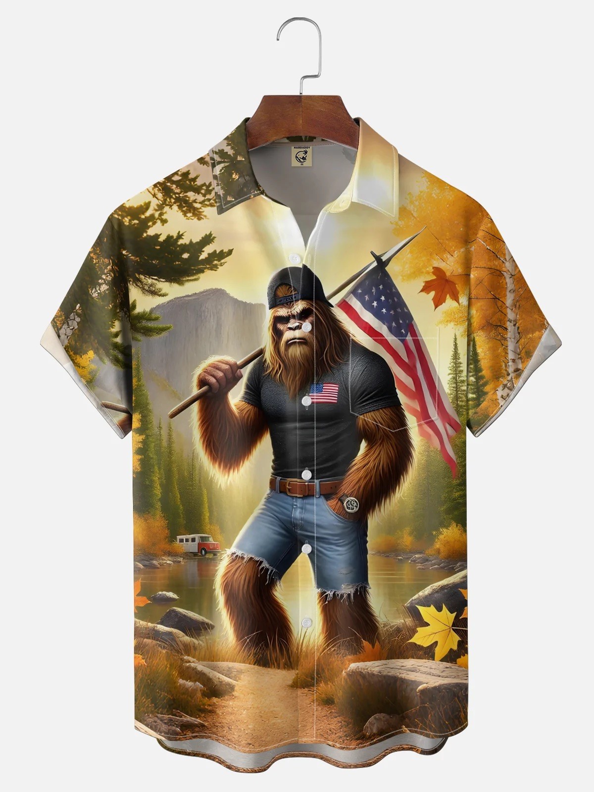 Fun Bigfoot American Flag Chest Pocket Hawaiian Shirt