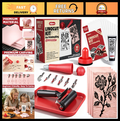 Printmaking Linocut Kit - Block Printing Set with 4 Soft Cut Blocks, Ink & Tools