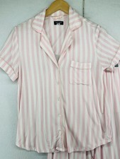 FKEEP Women's Stripe Pajama Set - Short Sleeve Top & Side Split Shorts, Soft Silk Satin Loungewear, Pink & White