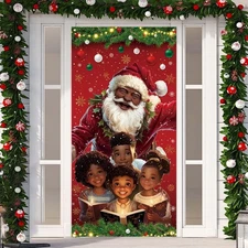 African American Christmas Door Cover Black Santa Claus Banner Black African ...
