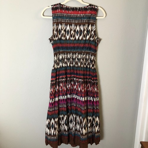 Abito midi Charter Club cotone marrone rosso blu Ikat taglia 10P 10 perline senza maniche - Foto 4 di 8