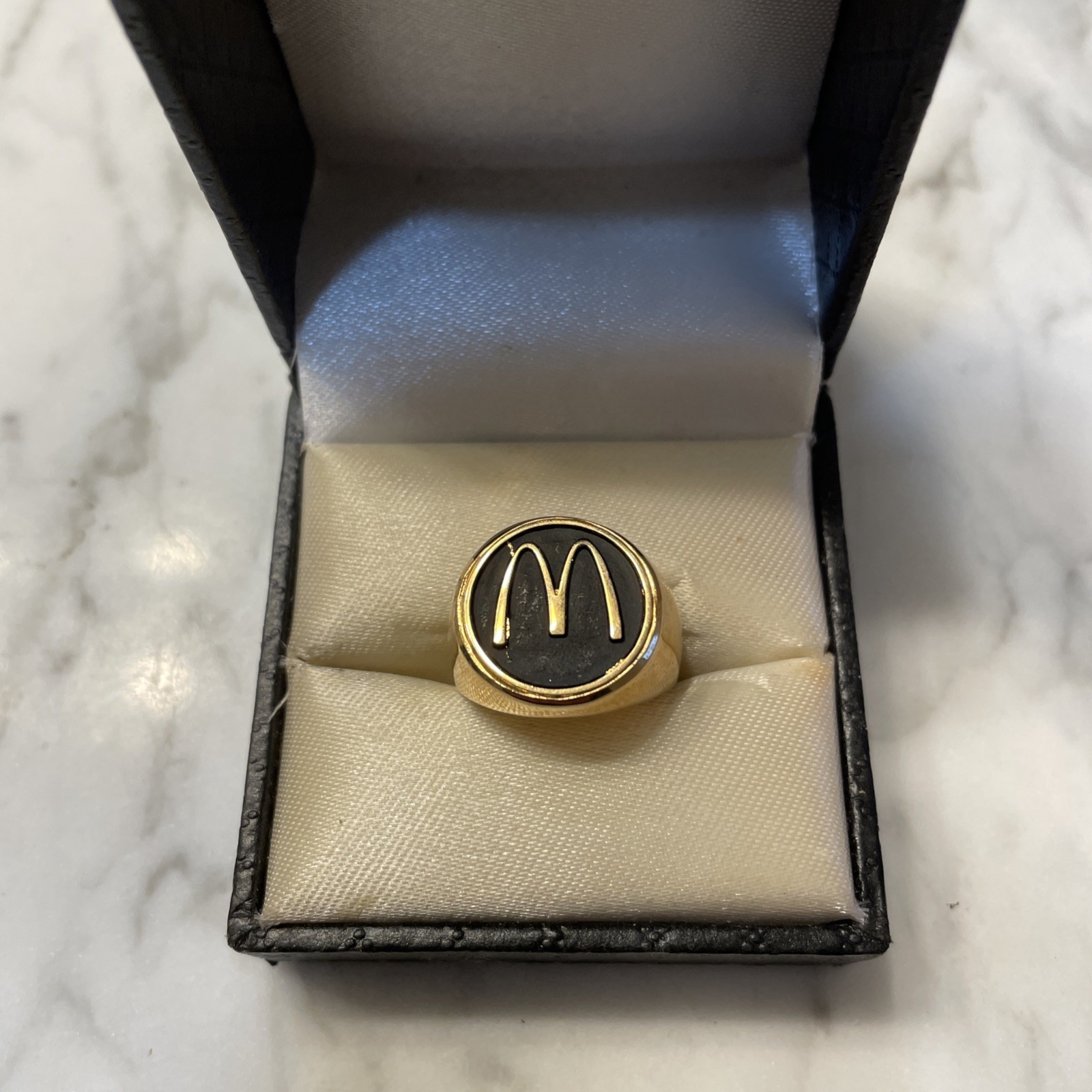 McDonald's Vtg 18K Gold Plated Ring M Signet Brass Size8.5 NOS Balfour