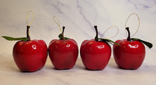 Trim A Home Red Apples Christmas Tree Ornaments Set of 4 W/ Satin Leaf And Stem