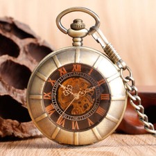 Bronze Double Hunter Roman Numerals Dark Brown Glass Mechanical Pocket Watch