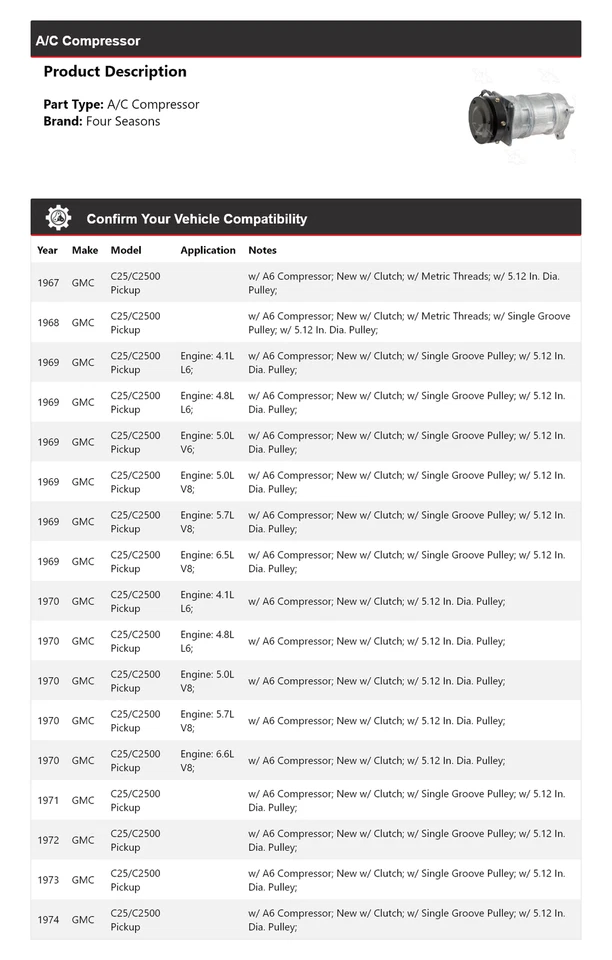Compresor de aire acondicionado para camioneta GMC C25/C2500 1967-1974 4 estaciones 1968 1969 1970 1971 Foto 2 de 4
