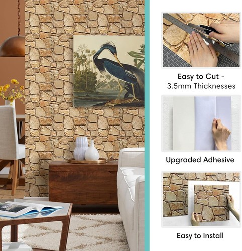 10 Sheets Fieldstone 3D PVC Wall Panels Peel and Stick Brown Faux Fieldstone New - Picture 4 of 9