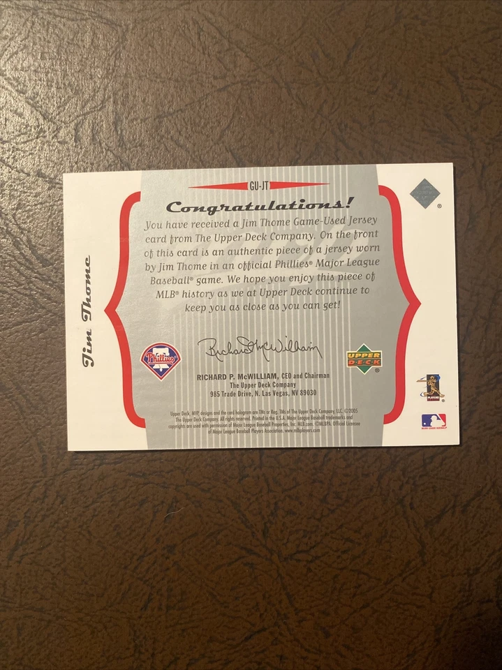 2005 Upper Deck MVP Jersey Jim Thome #GU-JT HOF - Image 2 of 2