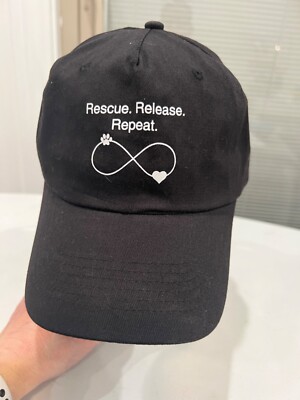 Rescue Release Repeat Black Cap Hat Hook and Loop Adj Small Paw and Heart Unique