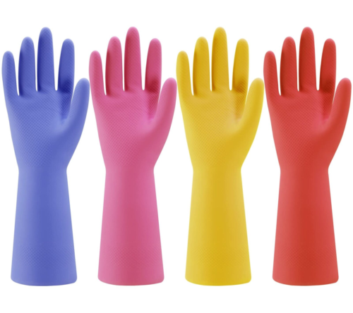 Rubber Kitchen Dishwashing Gloves - 4 Pairs Colorful Reusable Household Clean...