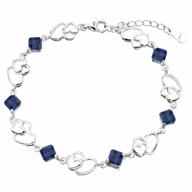 925 Sterling Silver CZ Double Love Open Heart Tennis Bracelet Sapphire