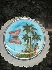 Reverse Painted Mini Wall Decor Plate With Palm Trees, Parrot, Real Butterfly