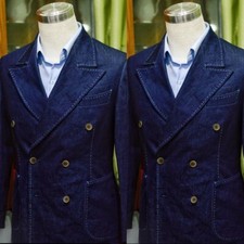 Denim Blue Men's Suits Peak Lapel Double Breasted Formal Wedding Groom Tuxedos