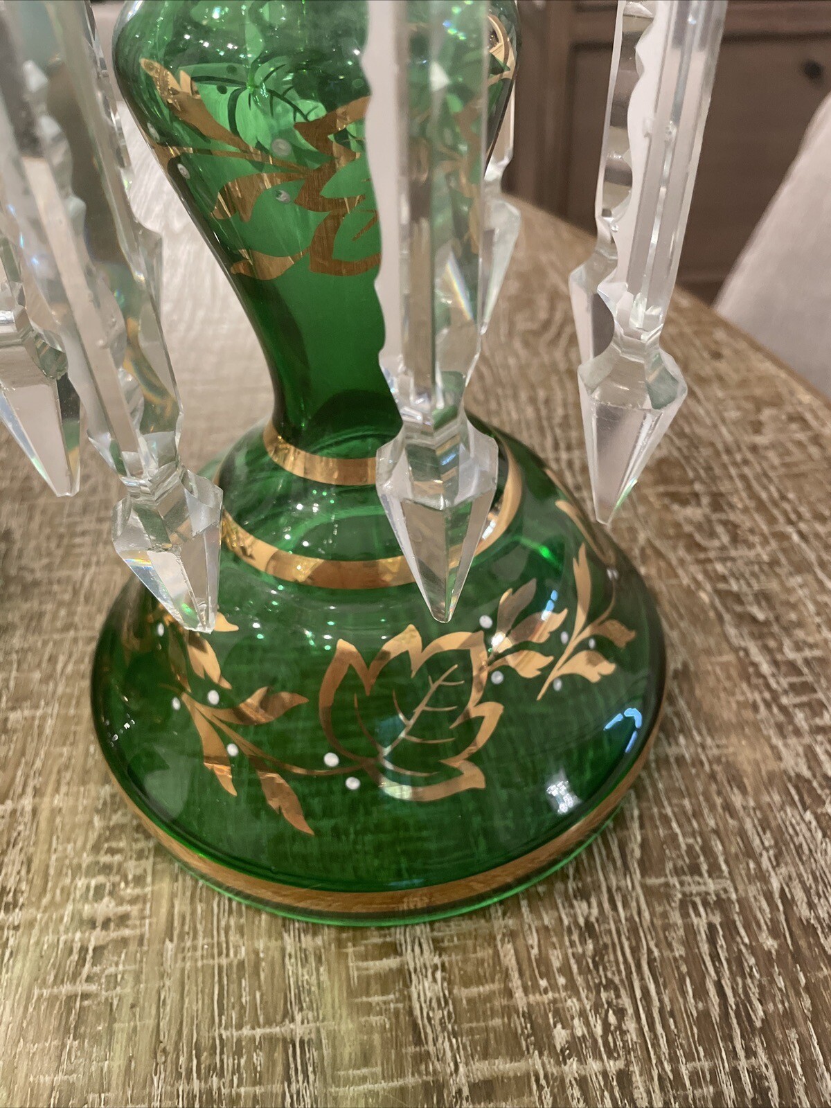 ANTIQUE BOHEMIAN VICTORIAN LUSTERS MANTLE PAIR EMERALD GREEN & GOLD eBay