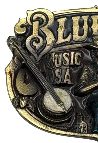 Vtg Belt Buckle Bluegrass Music Made In USA W/ Color Inlay Banjo And Fiddle - Picture 6 of 8