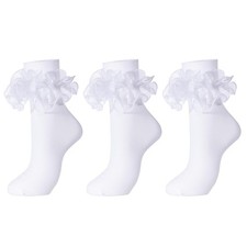 Women Big Ruffle Socks Double Lace Turn Cuff White, 3 Pairs 