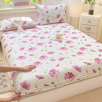 100% Cotton Bed Sheets Flower Printed Fitted Bed Sheet on Elastic Single/Queen/K