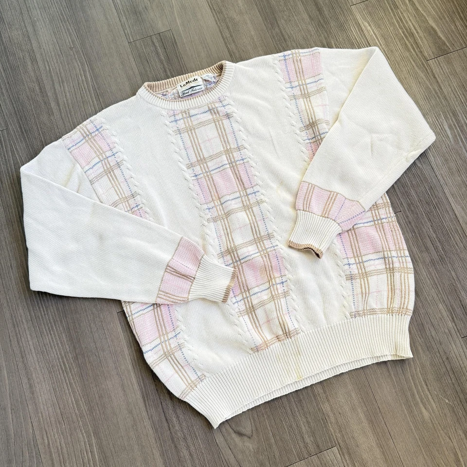 Suéter DE COLECCIÓN LaMode Para Hombres XL Rosa Crema Cuadros Mano Intarsia Cuello Redondo Años 90 Foto 2 de 4