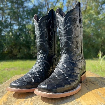 Men's Black Pirarucu Fish Skin Square Cowboy Leather Boots