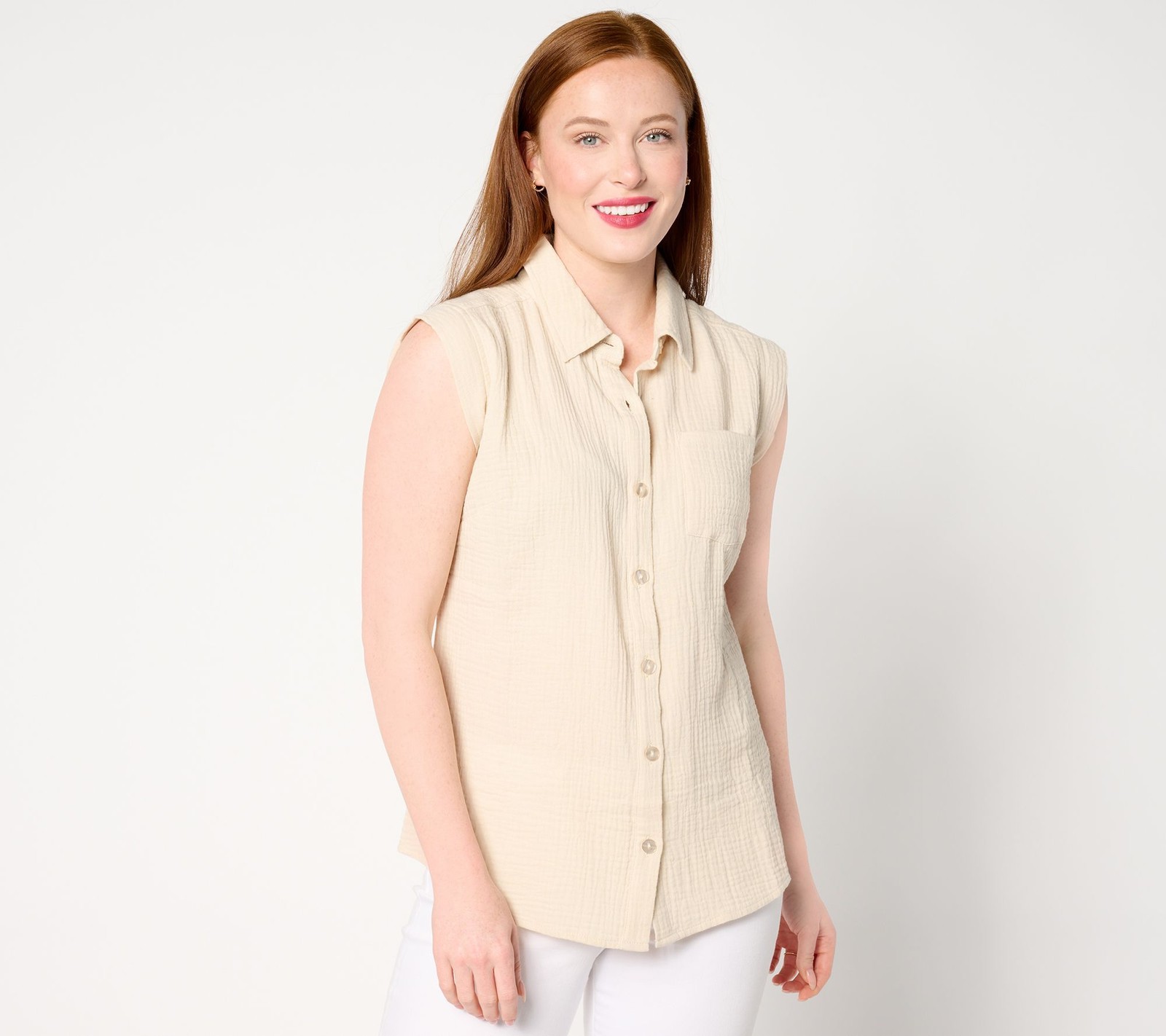 Belle by Kim Gravel Women's Top Plus Sz 3X Beach Cotton Gauze Tan/Beige A646266