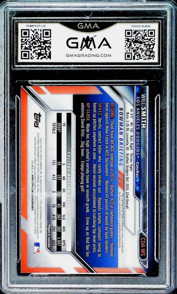 2016 Bowman Chrome 1st Auto CDA-WS Will Smith Los Angeles Dodgers GMA 10 GEM MIN - Image 2 of 2