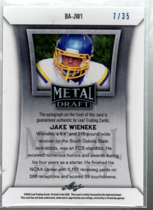 B4702- 2018 Leaf Metal Draft Prismatic Blue #BA-JW1 Jake Wieneke Auto /35 -NM-MT - Image 2 of 2
