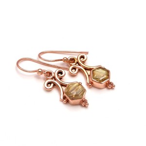 Authentic Natural Golden Rutile Hexagon Dangle Earring Rose Gold Fill Solid Silver Jewelry