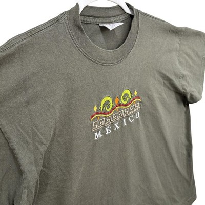 Gumar Mexico Shirt Mens XL Olive Green Embroidered Aztec Graphic Tee Cotton