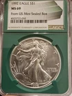 1992 $1 AMERICAN SILVER EAGLE NGC MS69 FROM US MINT SEALED BOX LABEL GREEN CORE
