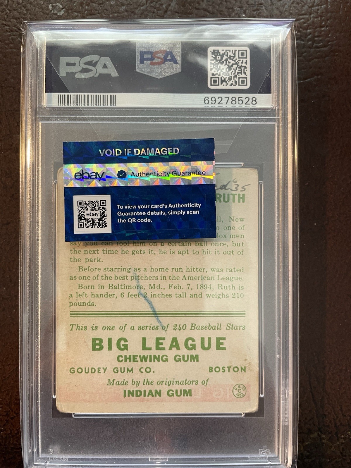 1933 Goudy Babe Ruth PSA 2 (MK) view 2