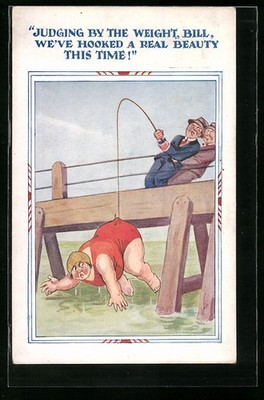 Artist Postcard Men Fishing An Overweight Woman 1944 