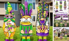 3 Pcs Mardi Gras Yard Decor Carnival Day Gnome Outdoor Sign with Stakes Cute