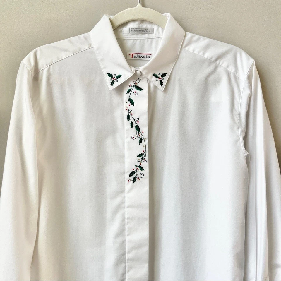 Vintage Talbots Christmas Shirt Women's Small White Holly Ivy Embroidery Scandi - Image 4 of 4