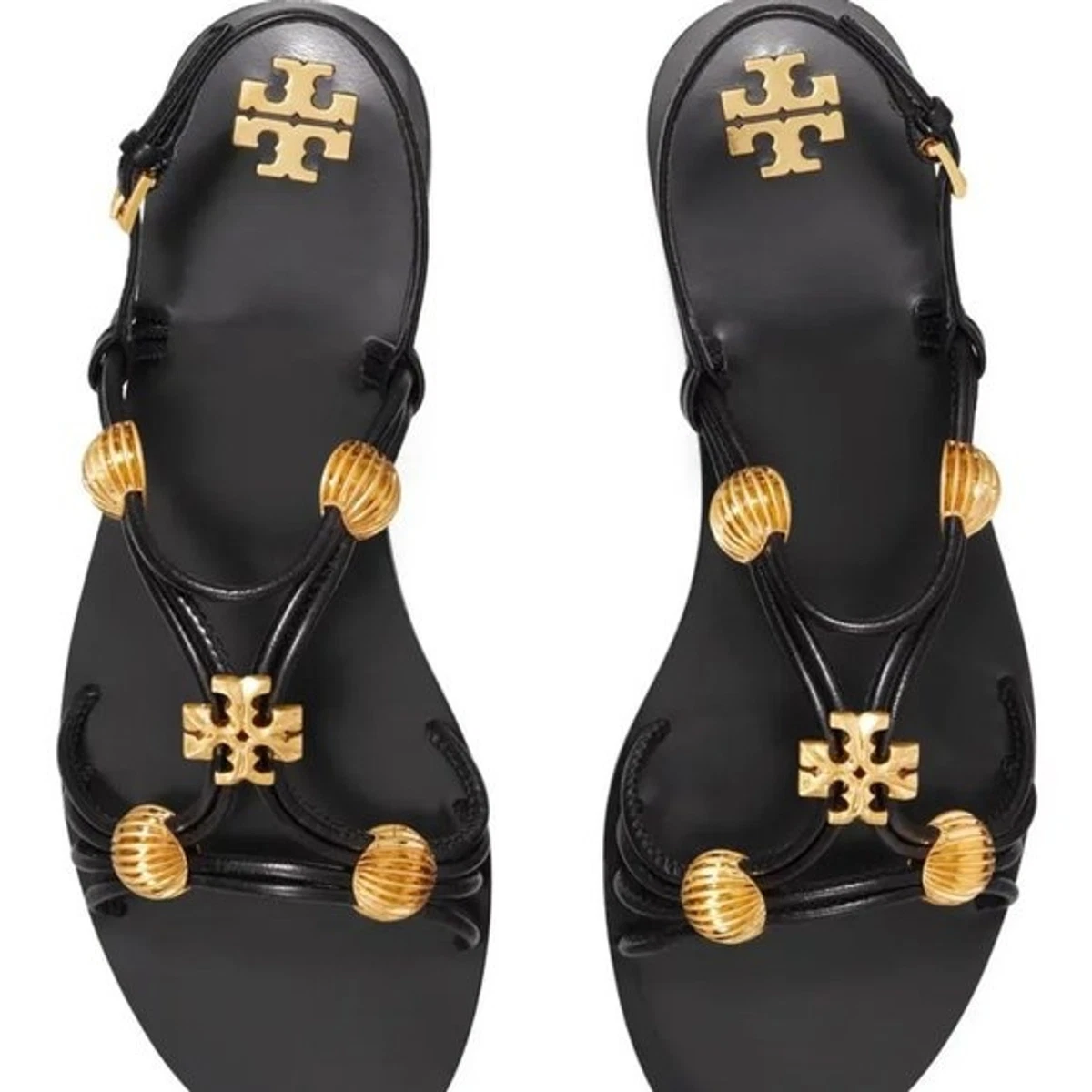 Tory Burch Capri Beaded Strappy Sandal in Perfect Black Gold Sz 8