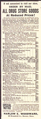 Harlow E Woodward BOSTON Mail Order Drug Store Goods 1891 Print Ad 7.25''H
