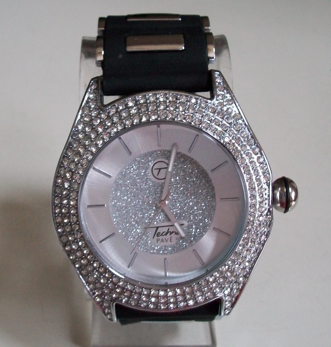 Men's Bling Techno Pave Silver Black Silicon Band Fashion Dressy