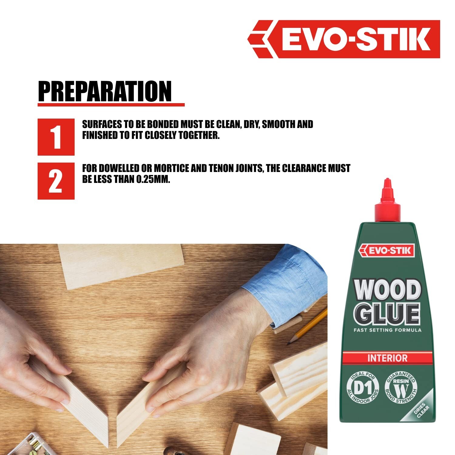 EVOSTIK Wood Glue Interior, Extra Strong, Fast Setting, Suitable For