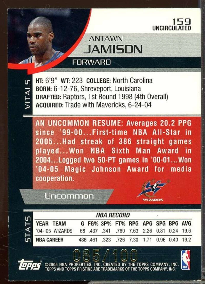 Antawn Jamison Jersey Card 2005-06 Topps Pristine Uncirculated #159  - Image 2 of 2