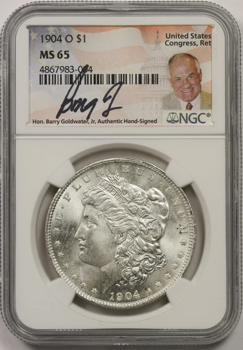 1904-O $1 NGC MS 65 Morgan Silver Dollar Barry Goldwater Jr signature